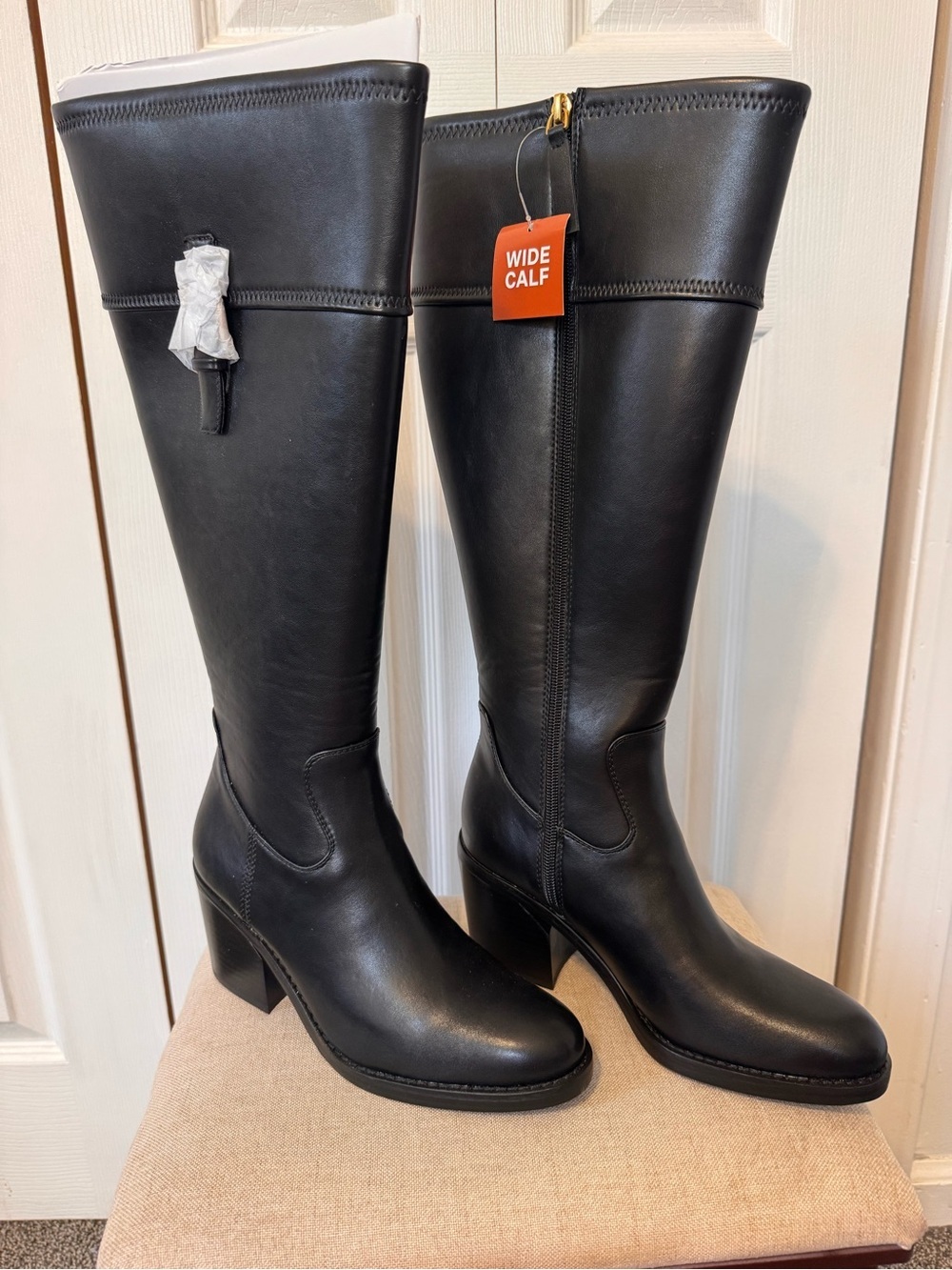 Franco Sparto Women Black Wide Calf Knee High Faux Leather Block Heel Boot Sz 7W - Picture 3 of 16